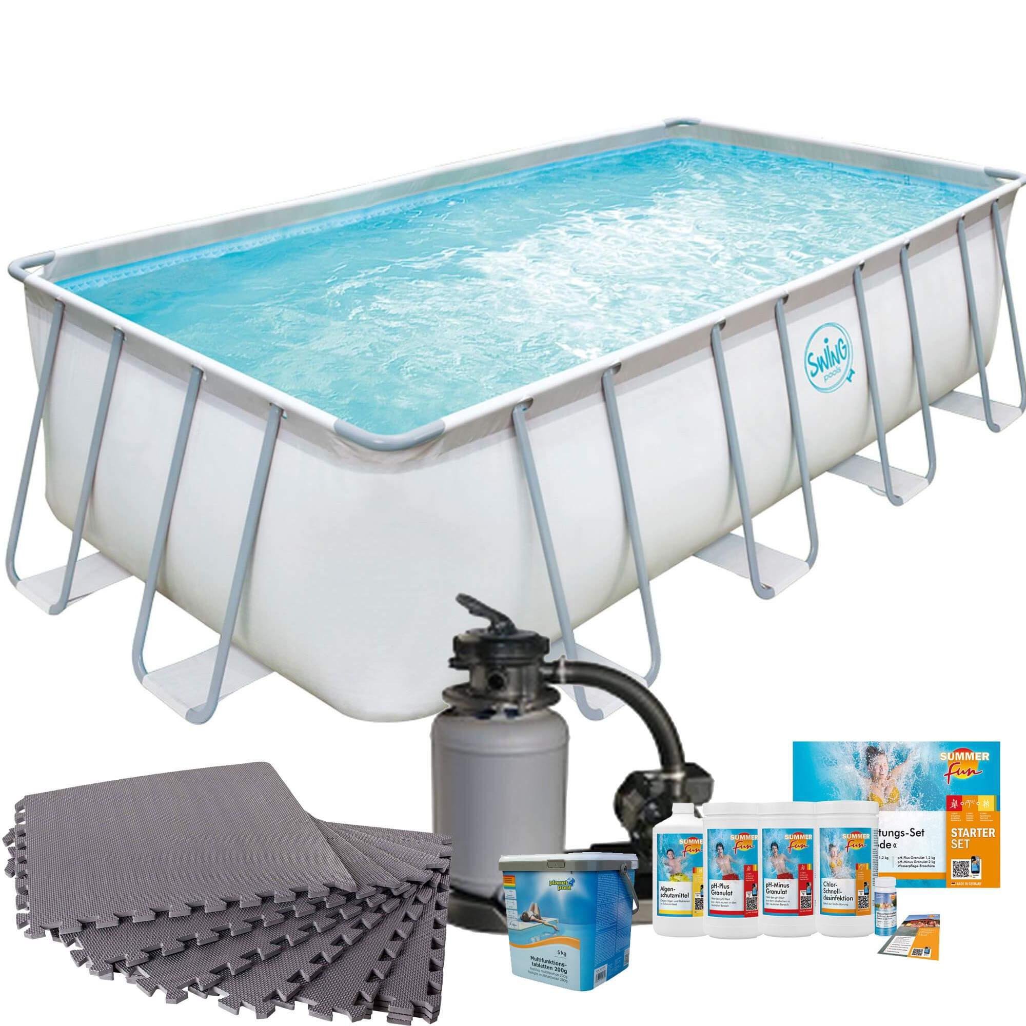 Polygroup Summer Waves Frame Pool mit Sandfilter, Bodenschutzmatten grau und Starter Set Wasserpflege